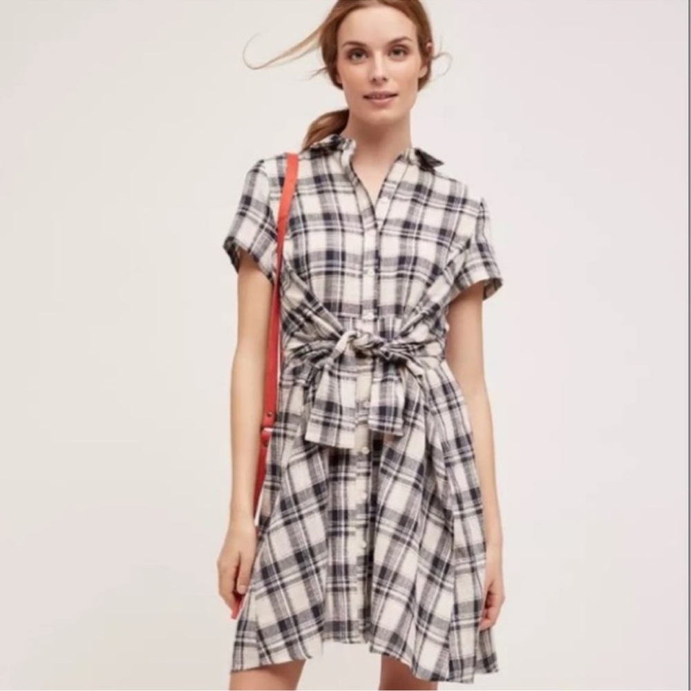 ANTHROPOLOGIE Plaid Front Tie Short Sleeve Dress